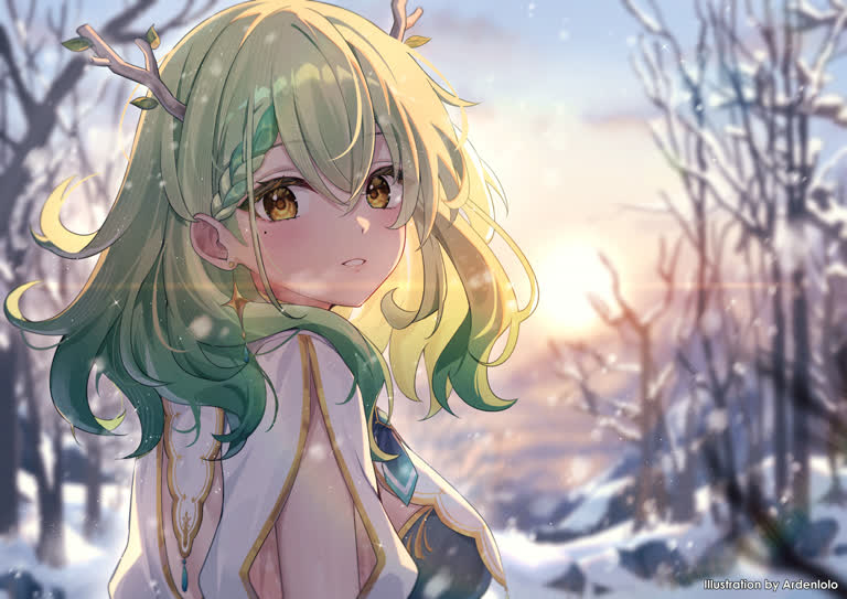 有一个动漫女孩站在雪地里