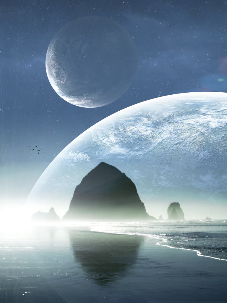 艺术家渲染的外星景观,背景是遥远的星球