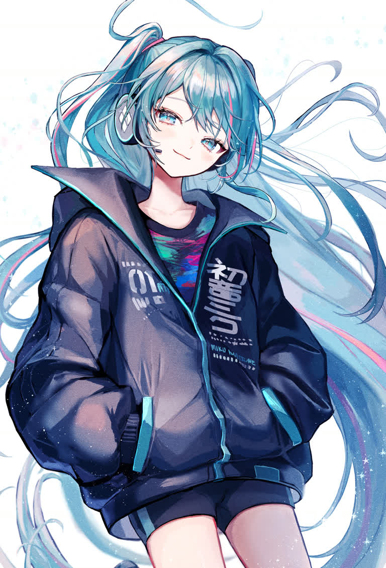 这是一个蓝头发和夹克的女孩的画