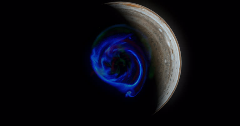 这是一张带有蓝色漩涡的行星特写图像