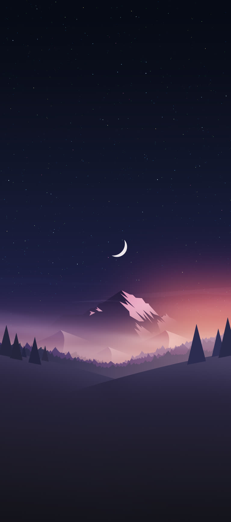 新月星点点的夜晚山景