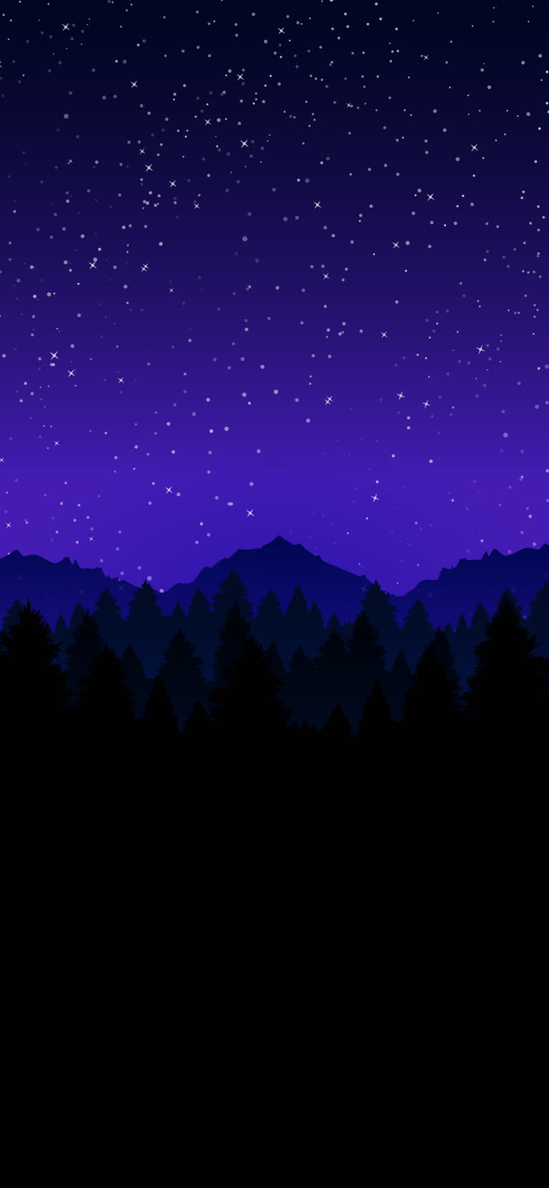 夜空有星星和树木和山脉的轮廓