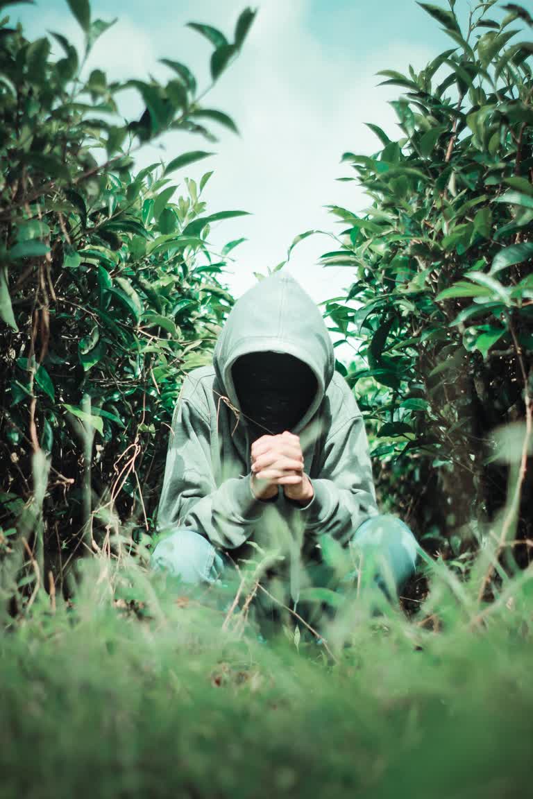 有一个人戴着兜帽坐在草丛里