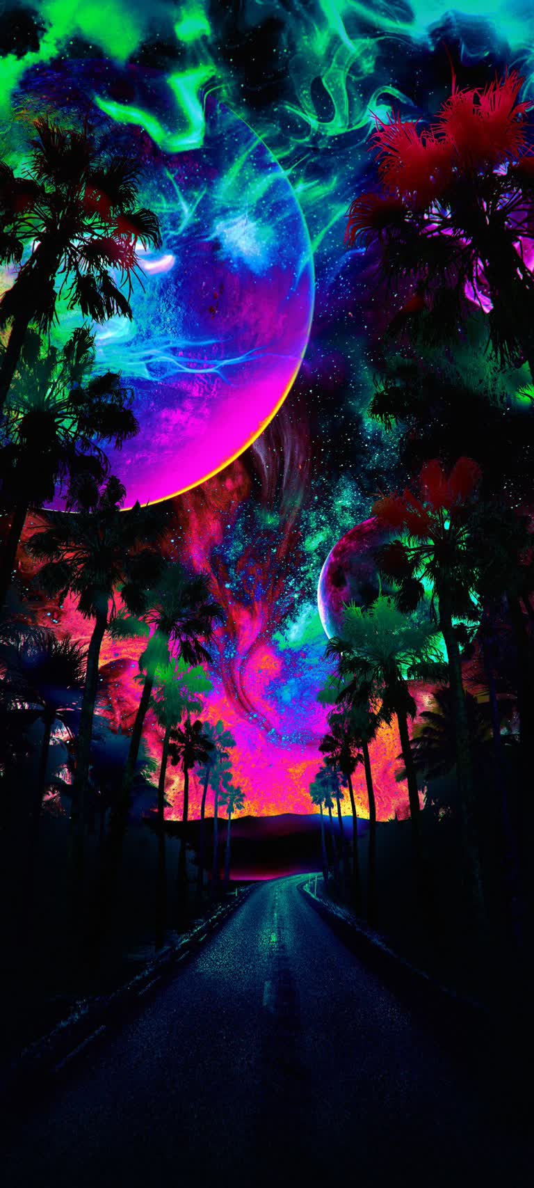 前景是五颜六色的天空,树木