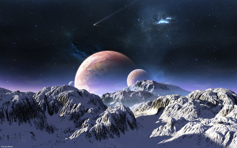 山脉上方的天空中有两颗行星