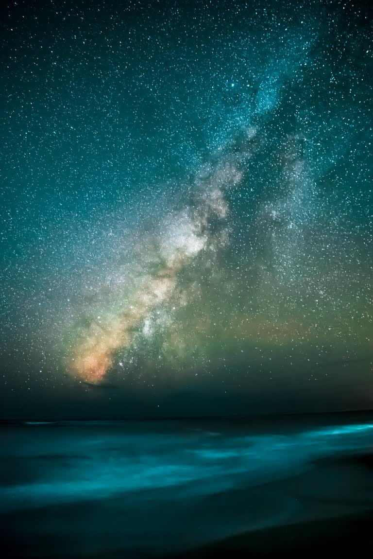 海洋上繁星点点的夜空,远处是乳白色的